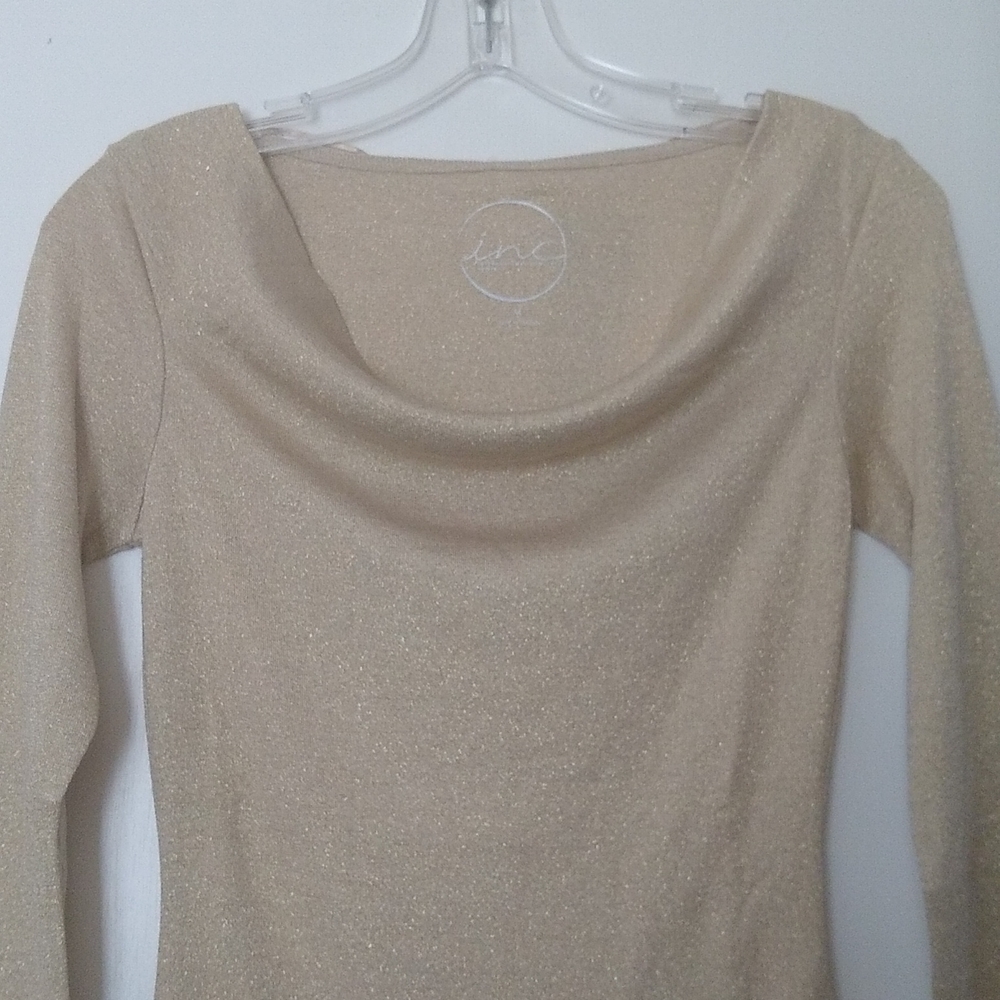 INC International Concepts Petite Three-Quarter Sleeve Metallic Knit Top